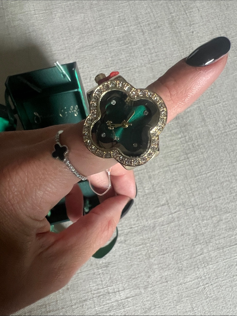 Gold-Tone Clover Ring Watch with Green Dial and Crystal Halo